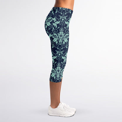Blue And Teal Damask Pattern Print Women's Capri Leggings