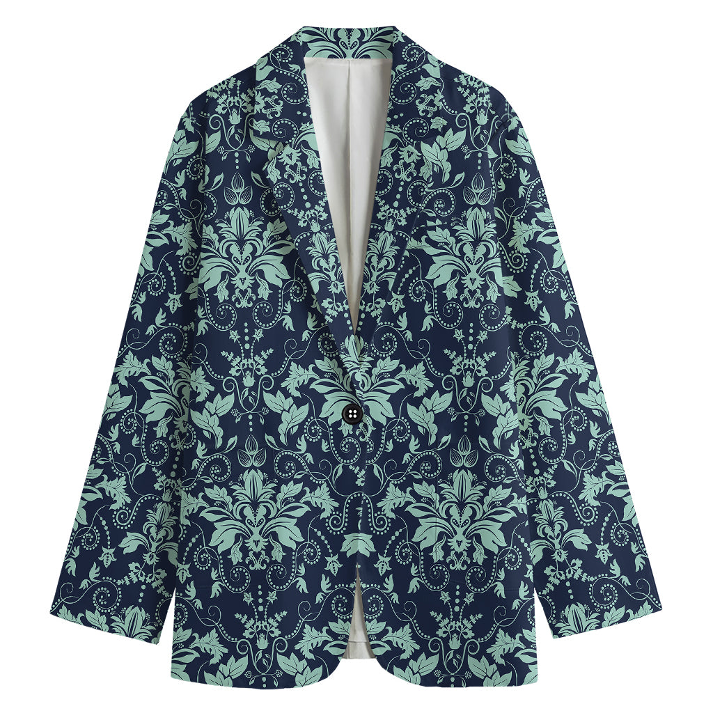 Blue And Teal Damask Pattern Print Women's Cotton Blazer