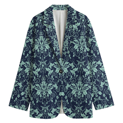Blue And Teal Damask Pattern Print Women's Cotton Blazer