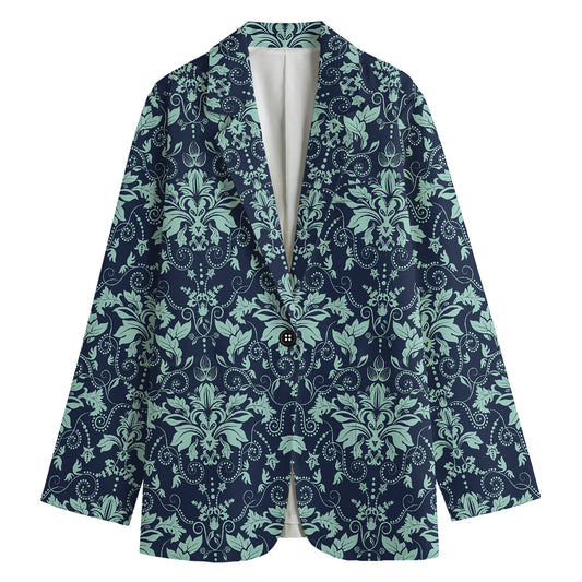 Blue And Teal Damask Pattern Print Women's Cotton Blazer