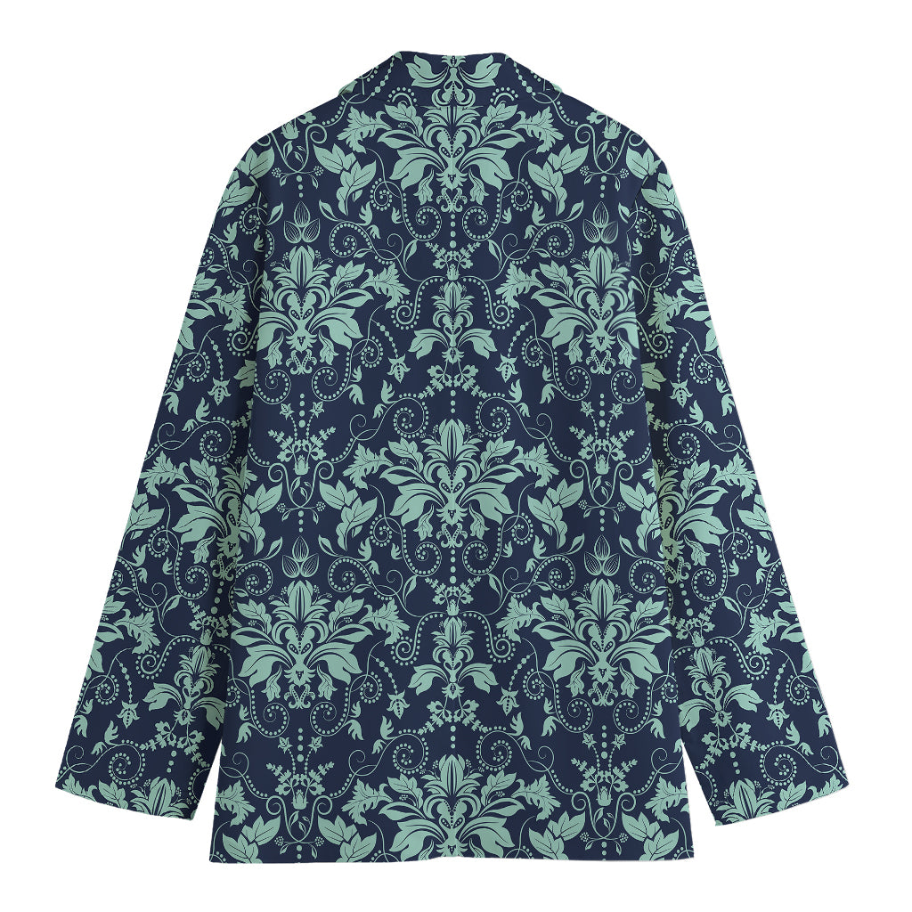 Blue And Teal Damask Pattern Print Women's Cotton Blazer