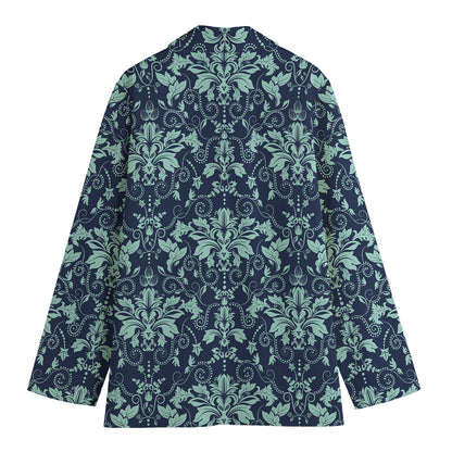Blue And Teal Damask Pattern Print Women's Cotton Blazer