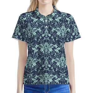 Blue And Teal Damask Pattern Print Women's Polo Shirt