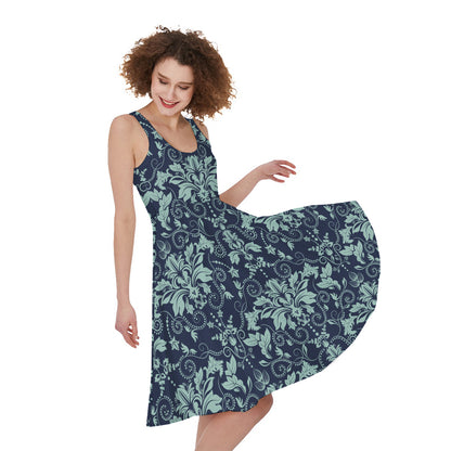 Blue And Teal Damask Pattern Print Women's Sleeveless Dress