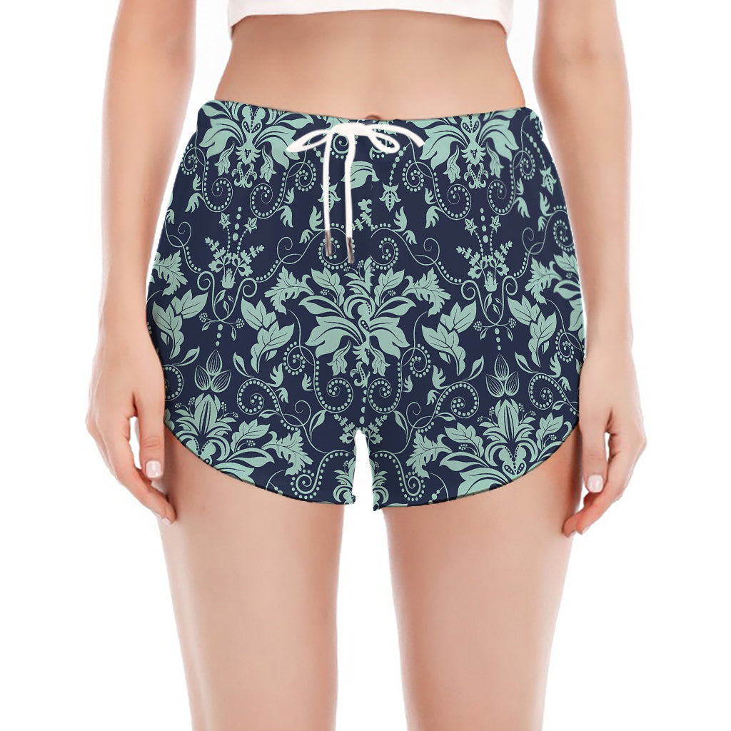 Blue And Teal Damask Pattern Print Women's Split Running Shorts
