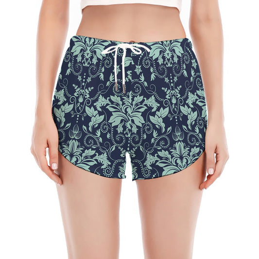 Blue And Teal Damask Pattern Print Women's Split Running Shorts