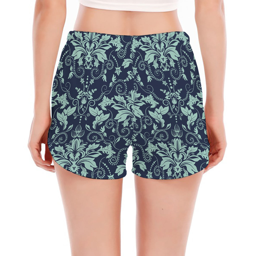 Blue And Teal Damask Pattern Print Women's Split Running Shorts