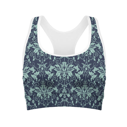 Blue And Teal Damask Pattern Print Women's Sports Bra