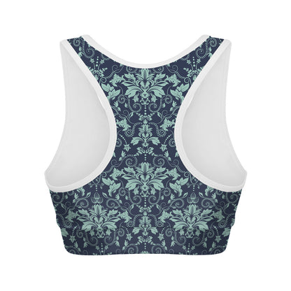 Blue And Teal Damask Pattern Print Women's Sports Bra