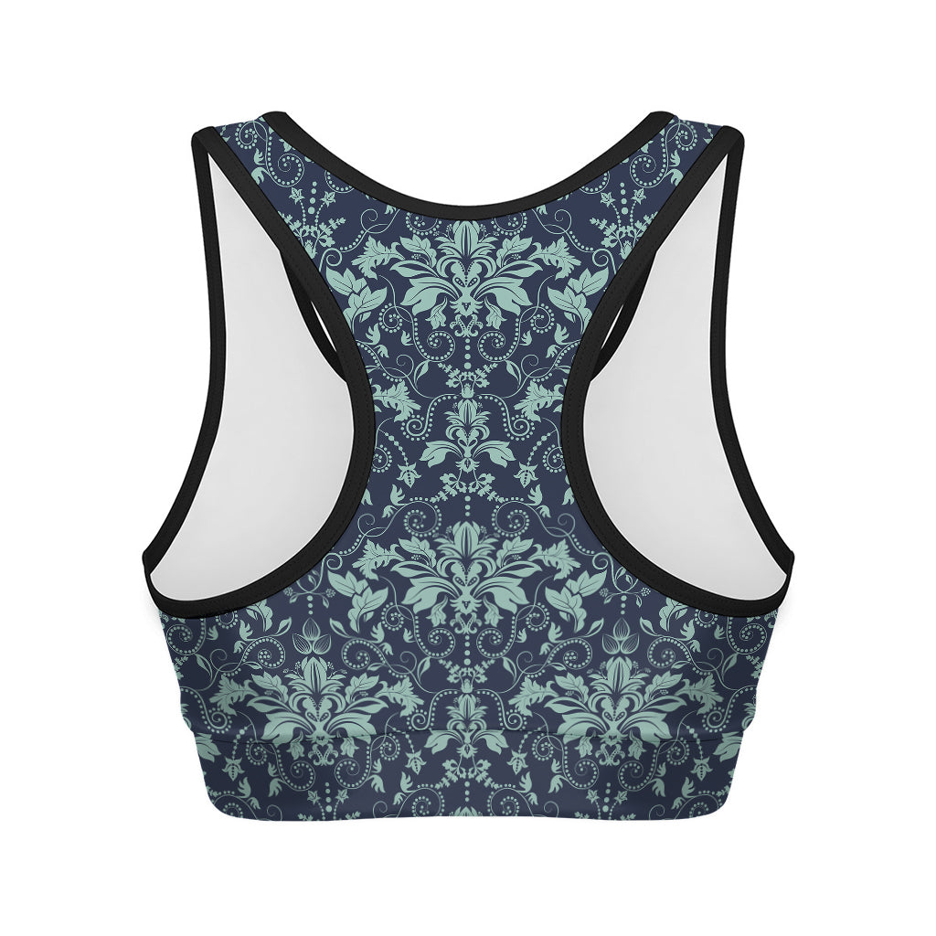 Blue And Teal Damask Pattern Print Women's Sports Bra