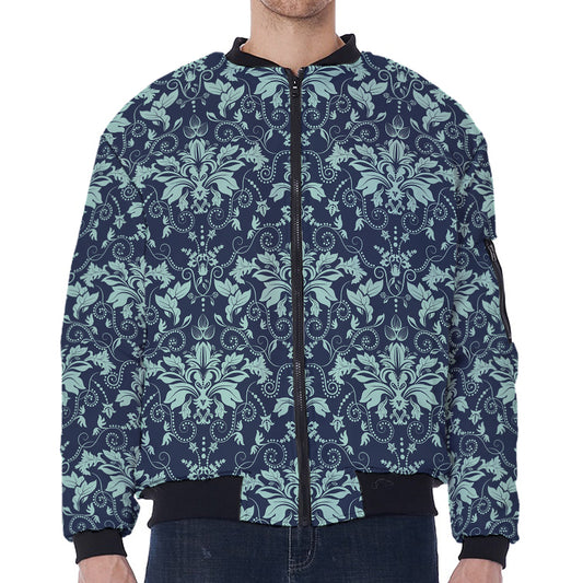 Blue And Teal Damask Pattern Print Zip Sleeve Bomber Jacket