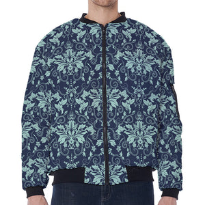 Blue And Teal Damask Pattern Print Zip Sleeve Bomber Jacket