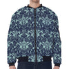 Blue And Teal Damask Pattern Print Zip Sleeve Bomber Jacket
