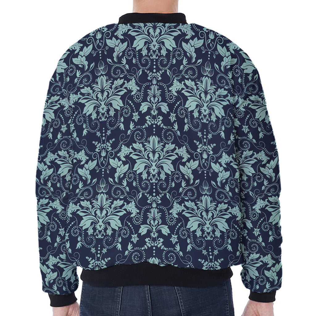 Blue And Teal Damask Pattern Print Zip Sleeve Bomber Jacket