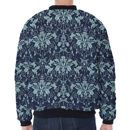 Blue And Teal Damask Pattern Print Zip Sleeve Bomber Jacket