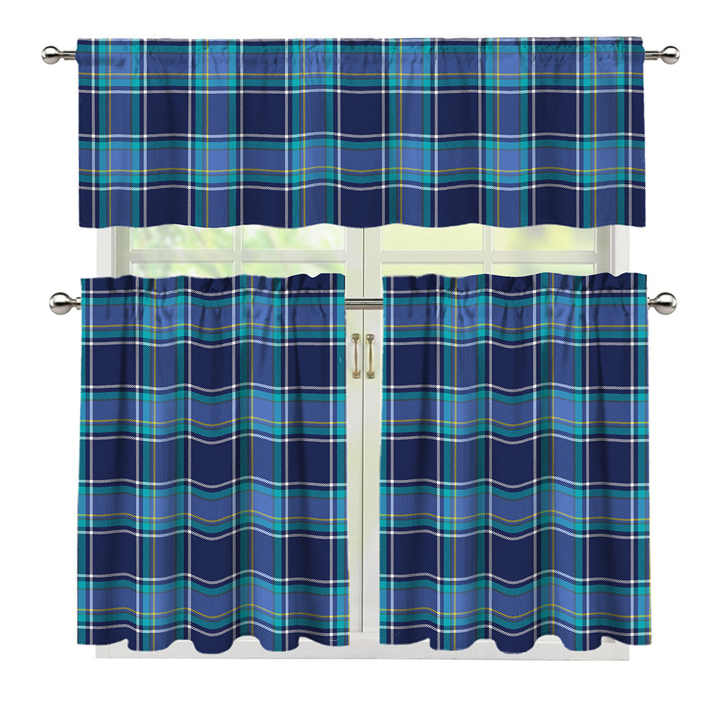 Blue And Teal Tartan Pattern Print 3 Piece Kitchen Curtains