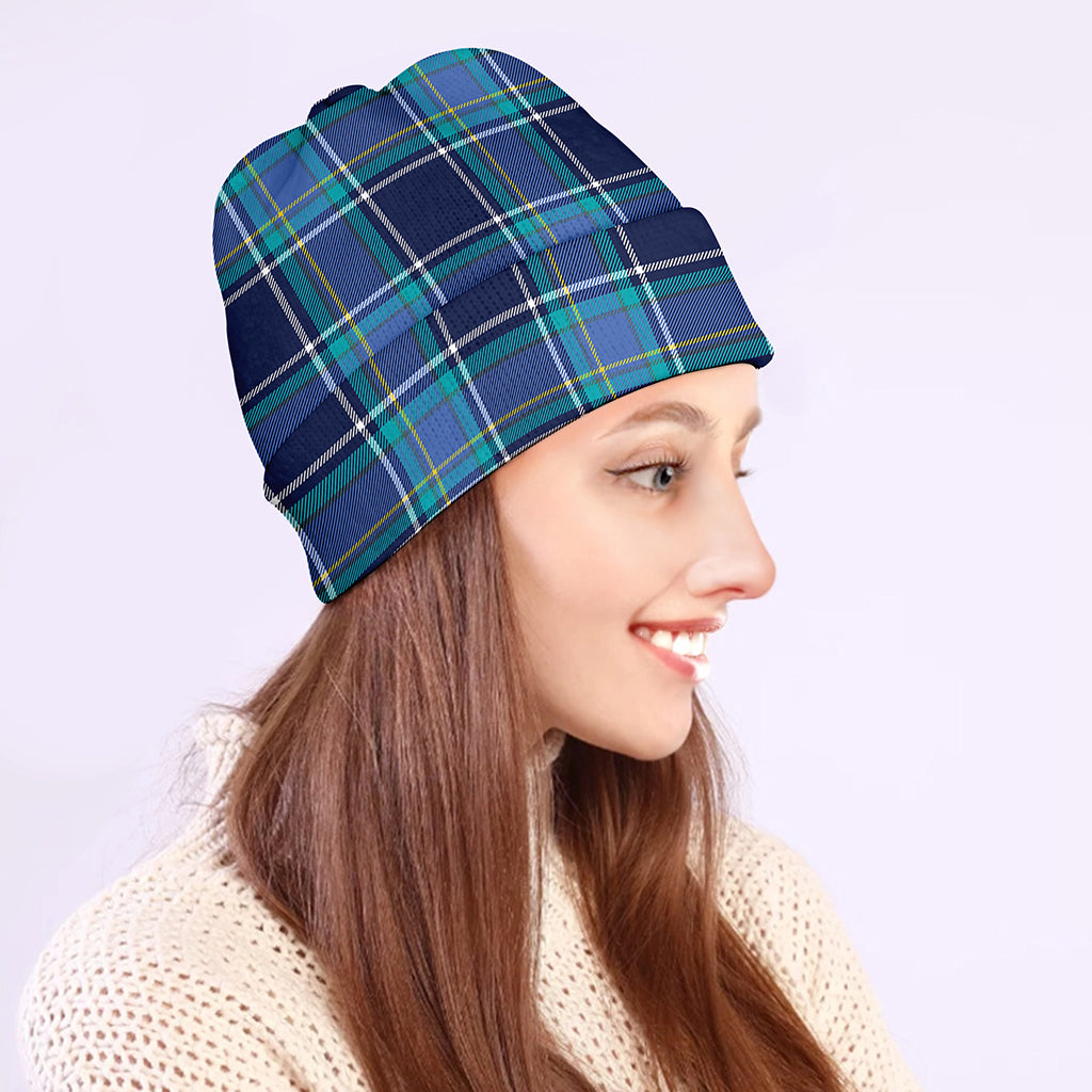 Blue And Teal Tartan Pattern Print Beanie