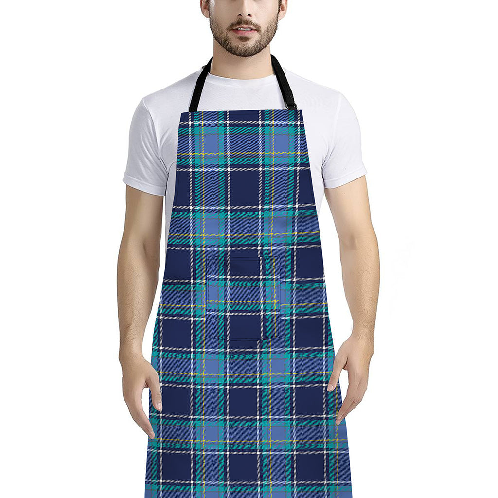 Blue And Teal Tartan Pattern Print Bib Apron With Pocket