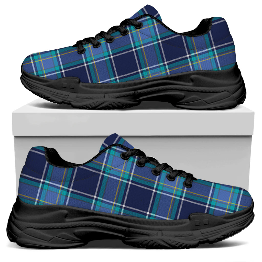 Blue And Teal Tartan Pattern Print Black Chunky Shoes
