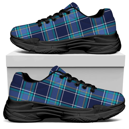 Blue And Teal Tartan Pattern Print Black Chunky Shoes