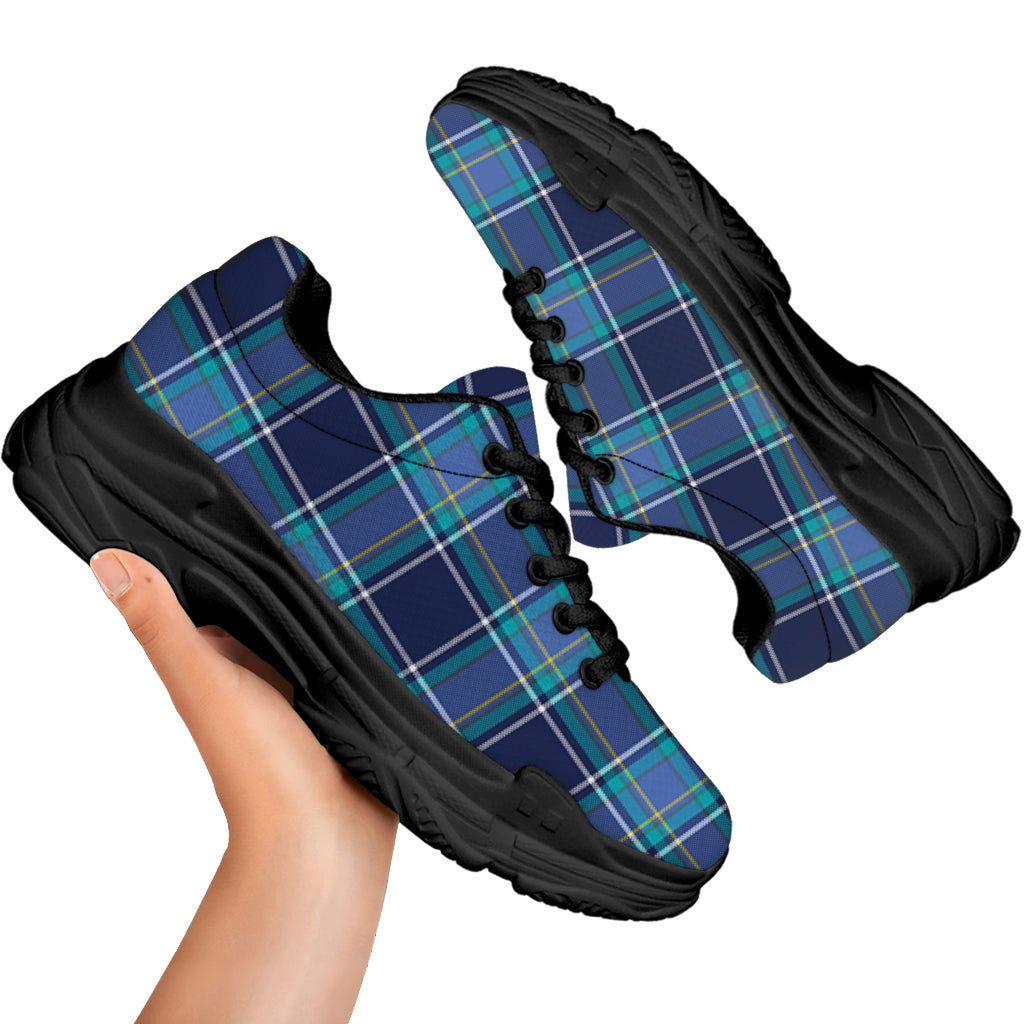 Blue And Teal Tartan Pattern Print Black Chunky Shoes
