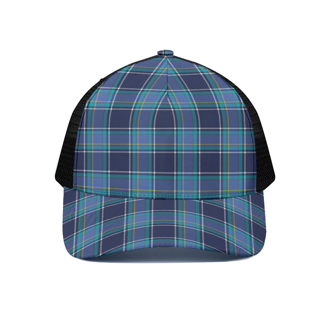 Blue And Teal Tartan Pattern Print Black Mesh Trucker Cap