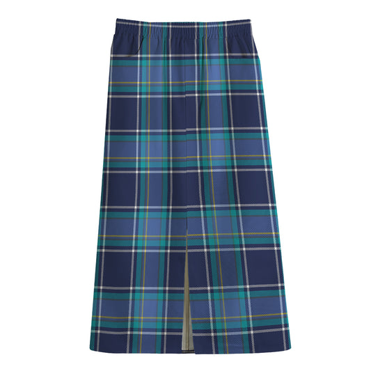 Blue And Teal Tartan Pattern Print Cotton Front Slit Maxi Skirt