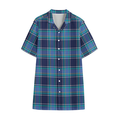 Blue And Teal Tartan Pattern Print Cotton Hawaiian Shirt