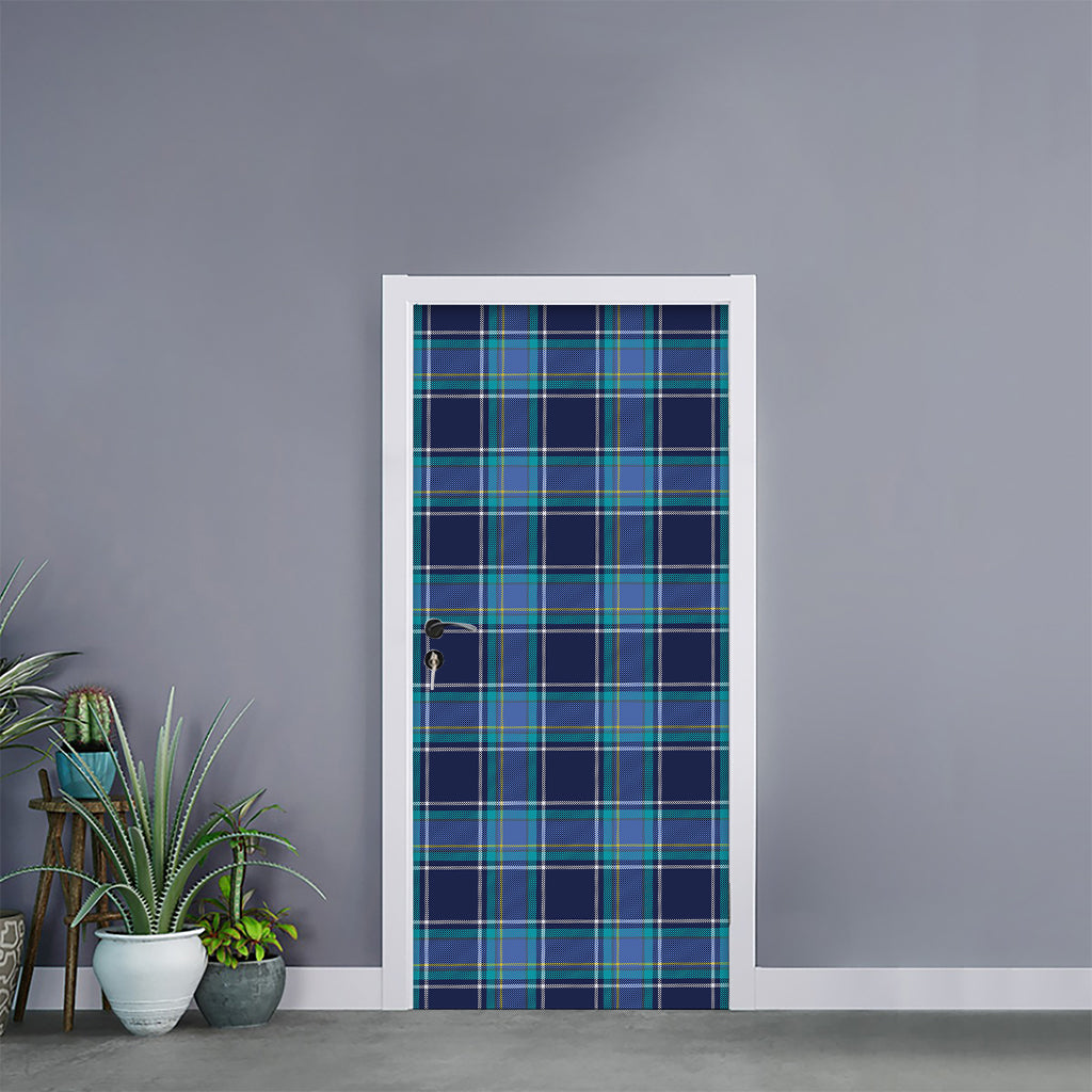 Blue And Teal Tartan Pattern Print Door Sticker