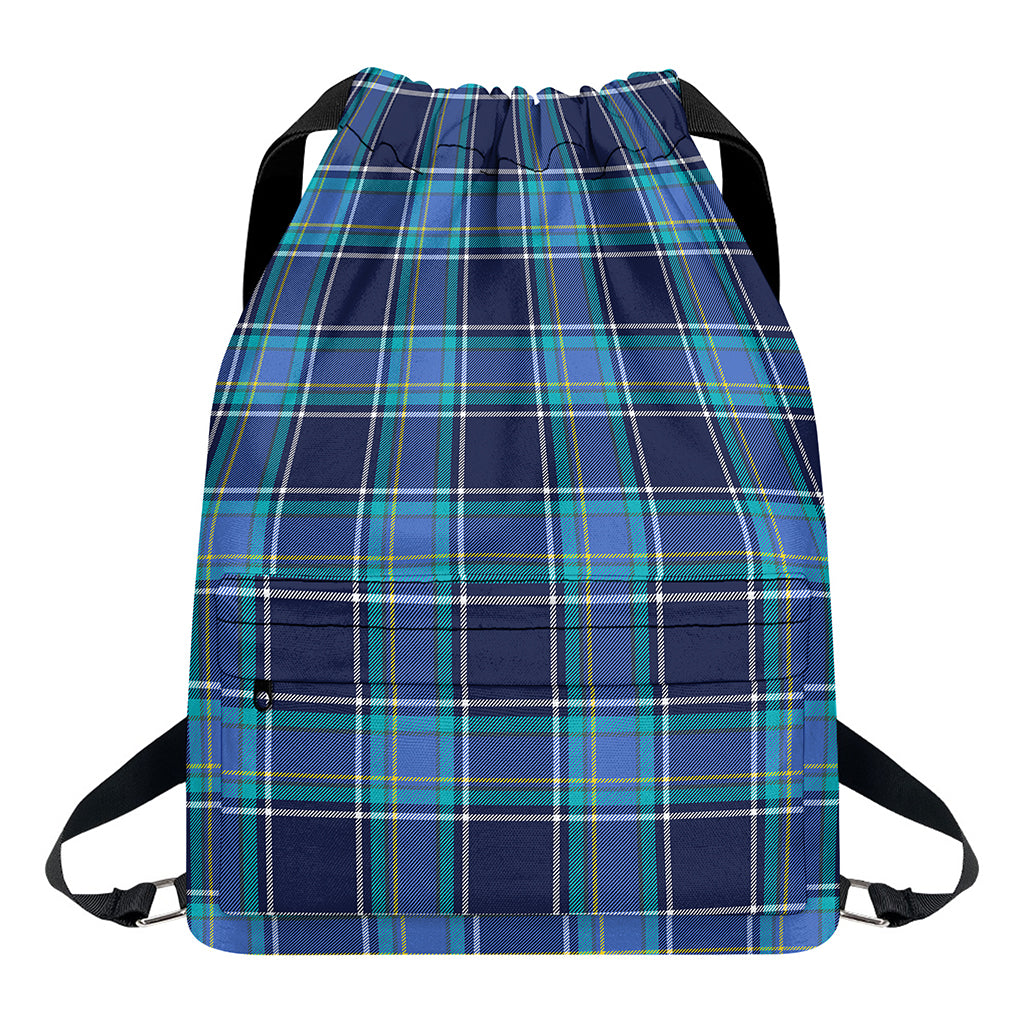 Blue And Teal Tartan Pattern Print Drawstring Backpack