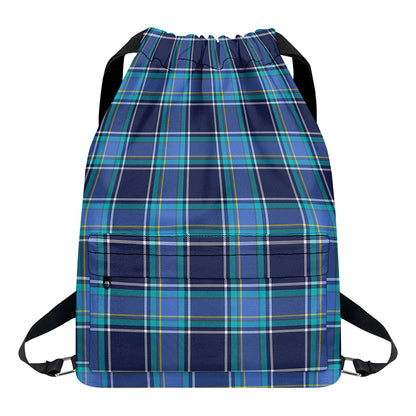 Blue And Teal Tartan Pattern Print Drawstring Backpack