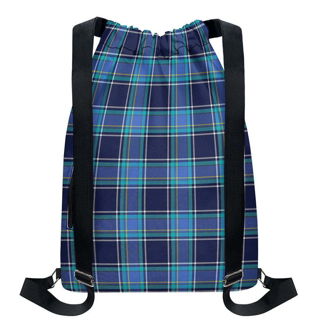 Blue And Teal Tartan Pattern Print Drawstring Backpack