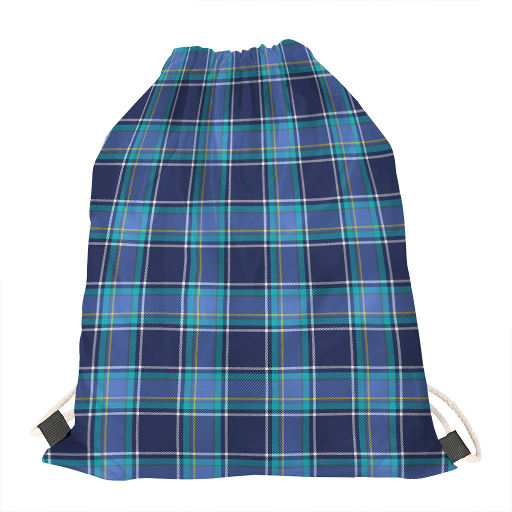 Blue And Teal Tartan Pattern Print Drawstring Bag