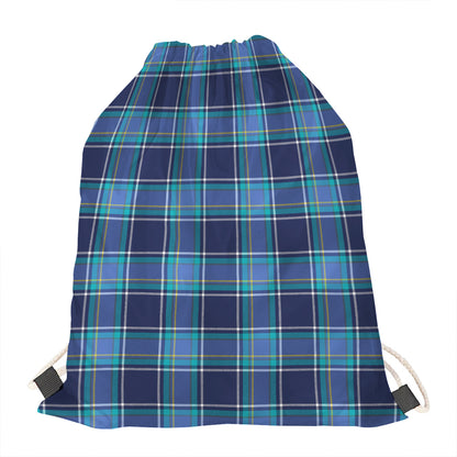 Blue And Teal Tartan Pattern Print Drawstring Bag