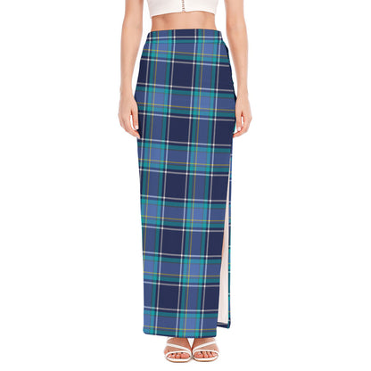 Blue And Teal Tartan Pattern Print High Slit Maxi Skirt