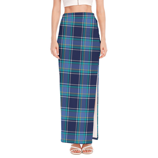 Blue And Teal Tartan Pattern Print High Slit Maxi Skirt