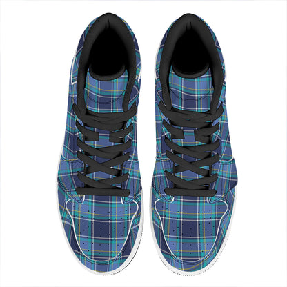 Blue And Teal Tartan Pattern Print High Top Leather Sneakers