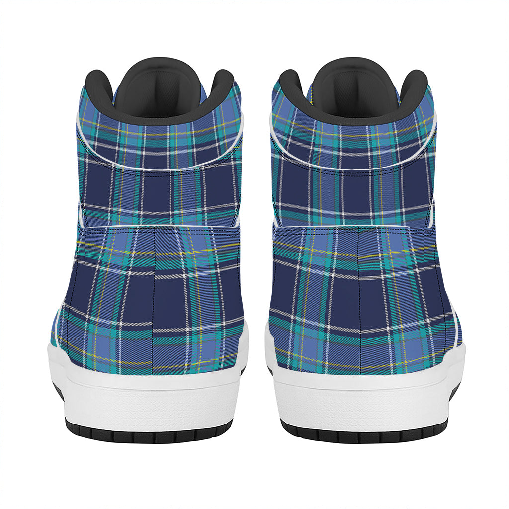 Blue And Teal Tartan Pattern Print High Top Leather Sneakers