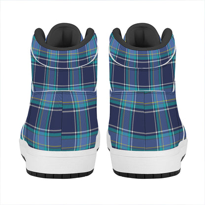 Blue And Teal Tartan Pattern Print High Top Leather Sneakers