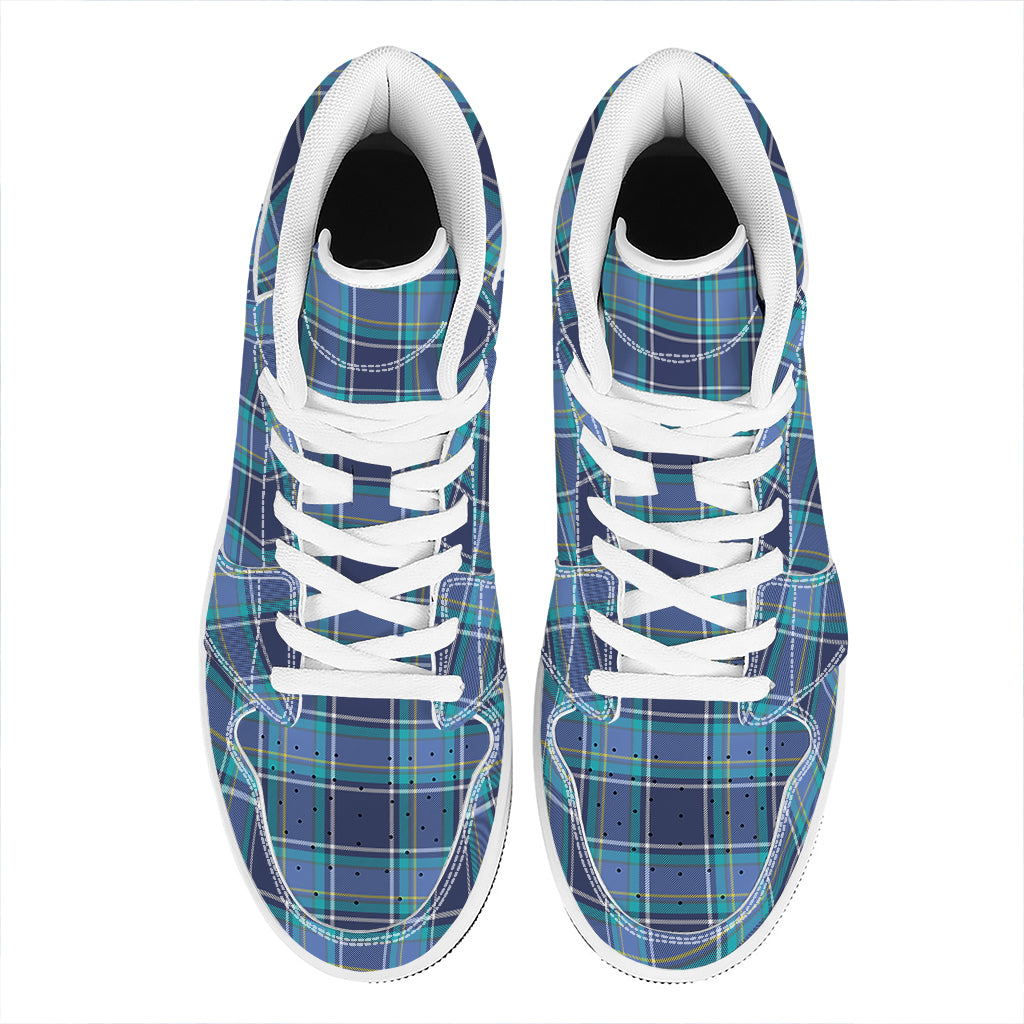 Blue And Teal Tartan Pattern Print High Top Leather Sneakers