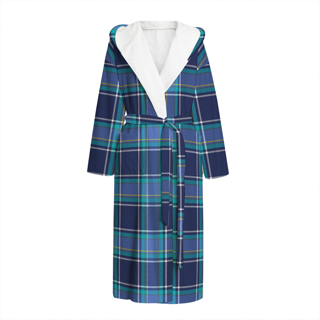 Blue And Teal Tartan Pattern Print Hooded Bathrobe