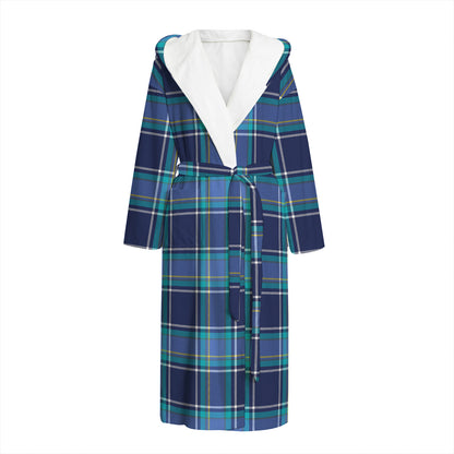 Blue And Teal Tartan Pattern Print Hooded Bathrobe