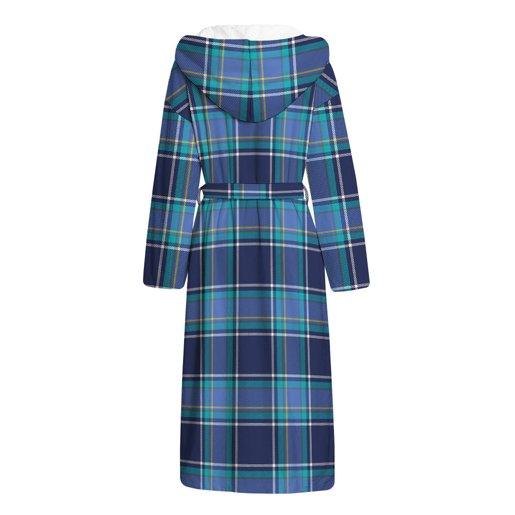 Blue And Teal Tartan Pattern Print Hooded Bathrobe