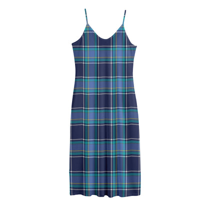 Blue And Teal Tartan Pattern Print Jersey Midi Cami Dress