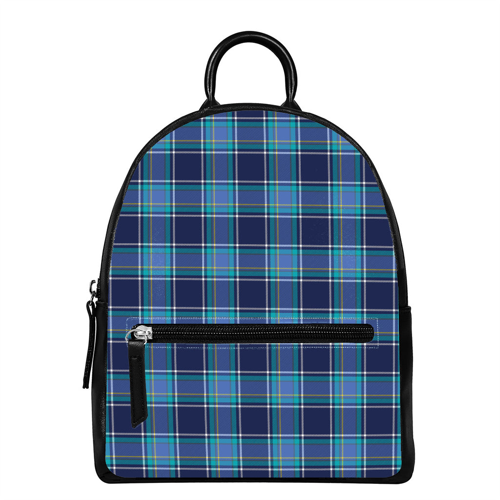 Blue And Teal Tartan Pattern Print Leather Backpack