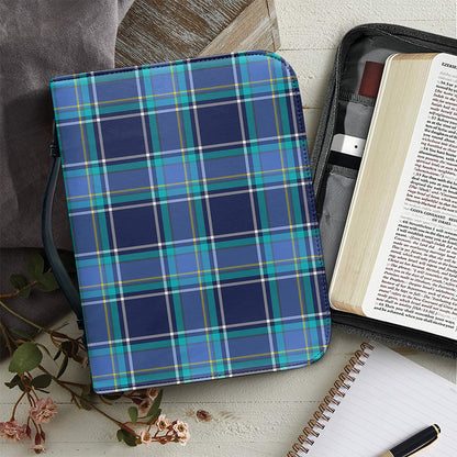 Blue And Teal Tartan Pattern Print Leather Bible Cover