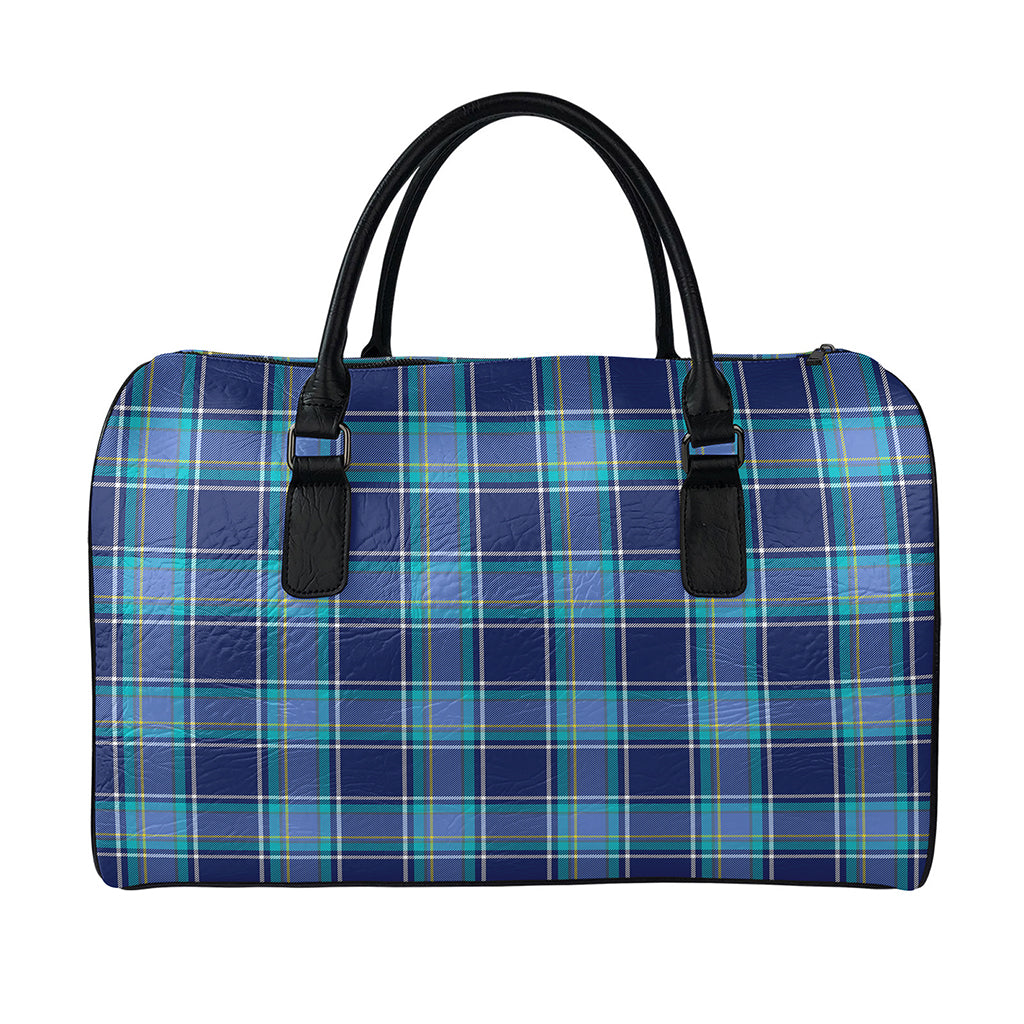 Blue And Teal Tartan Pattern Print Leather Duffle Bag