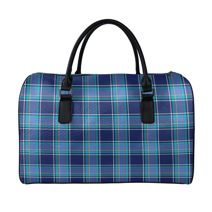 Blue And Teal Tartan Pattern Print Leather Duffle Bag