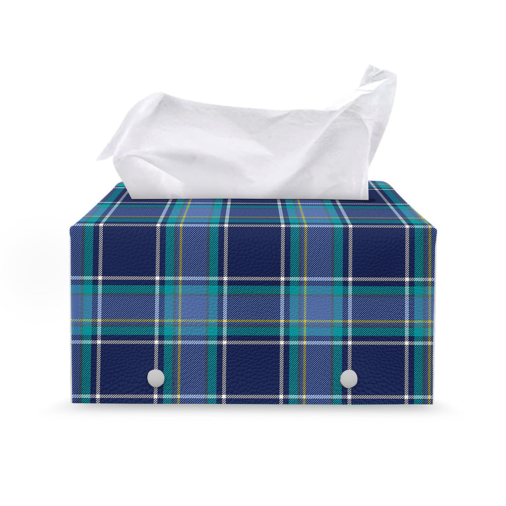 Blue And Teal Tartan Pattern Print Leather Tissue Box Cover