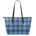 Blue And Teal Tartan Pattern Print Leather Tote Bag With Zipper